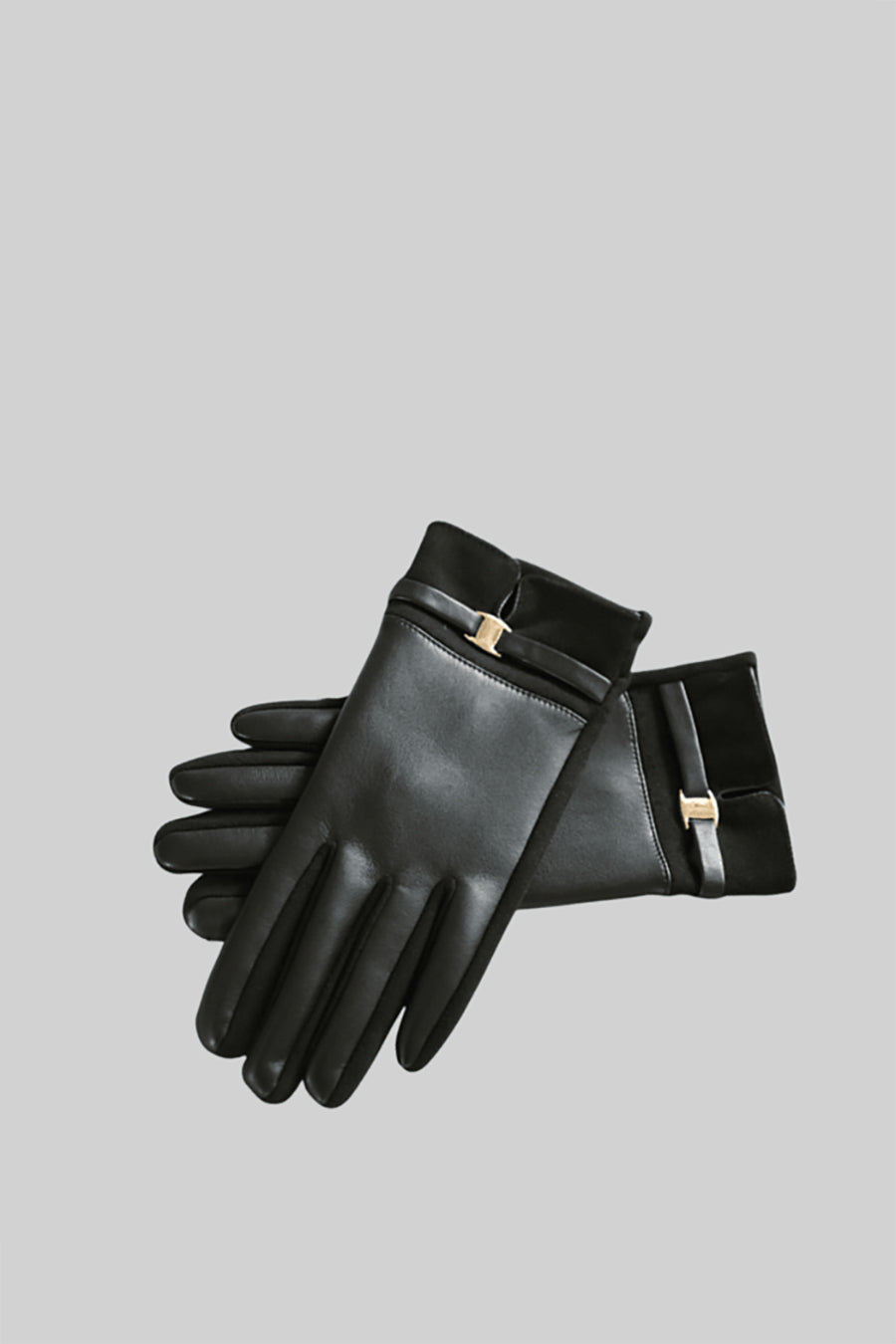 Vegan Leather And Suede Gloves With Gold Buckle Detail - Black