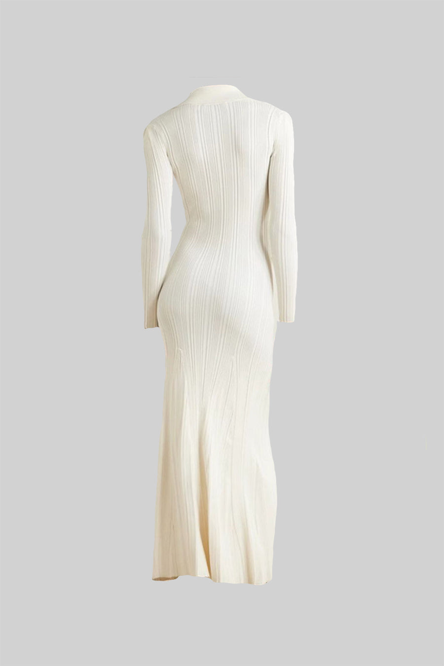 Elegant Ribbed Dress With Long Sleeves - Ivoire