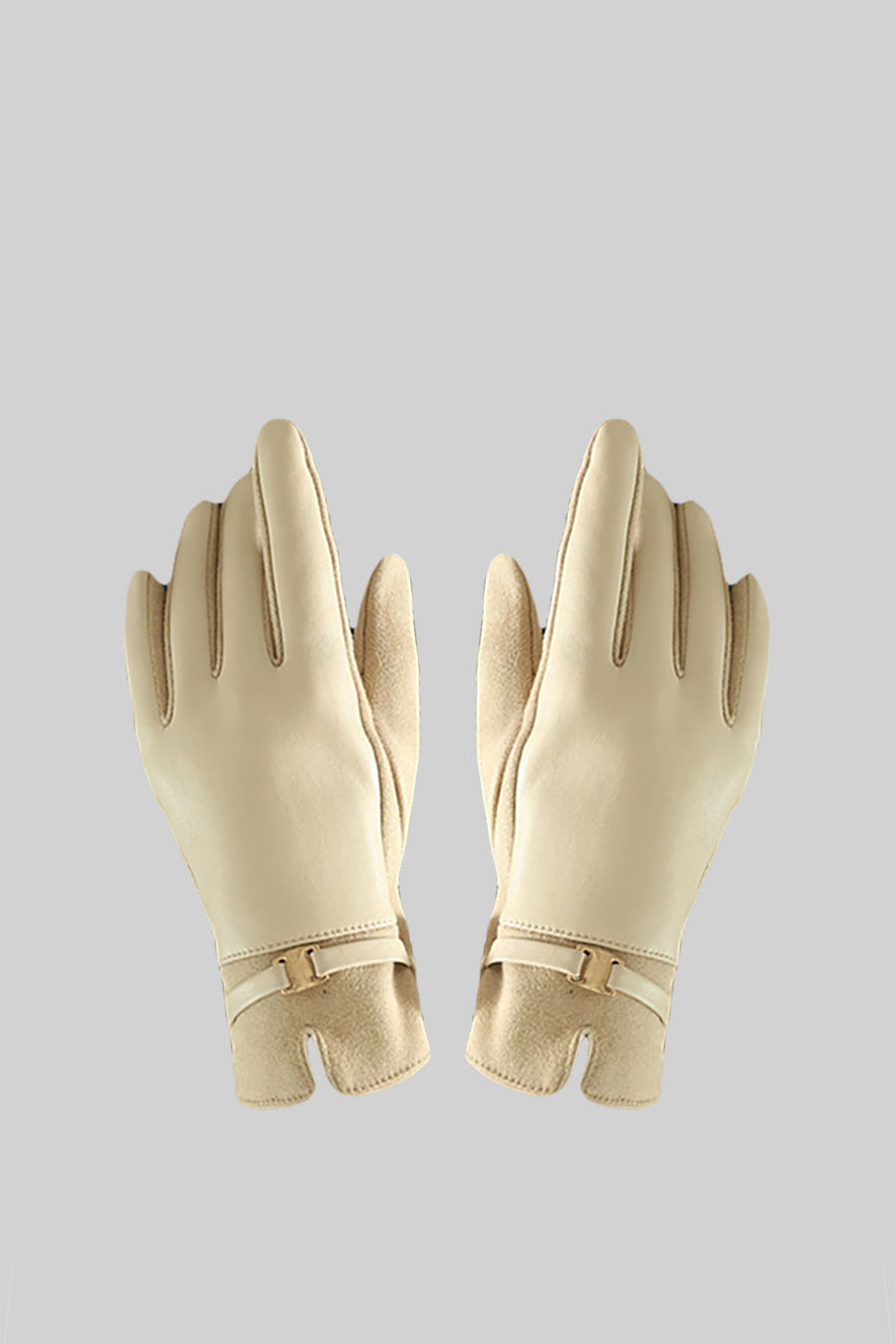 Vegan Leather And Suede Gloves With Gold Buckle Detail - Beige