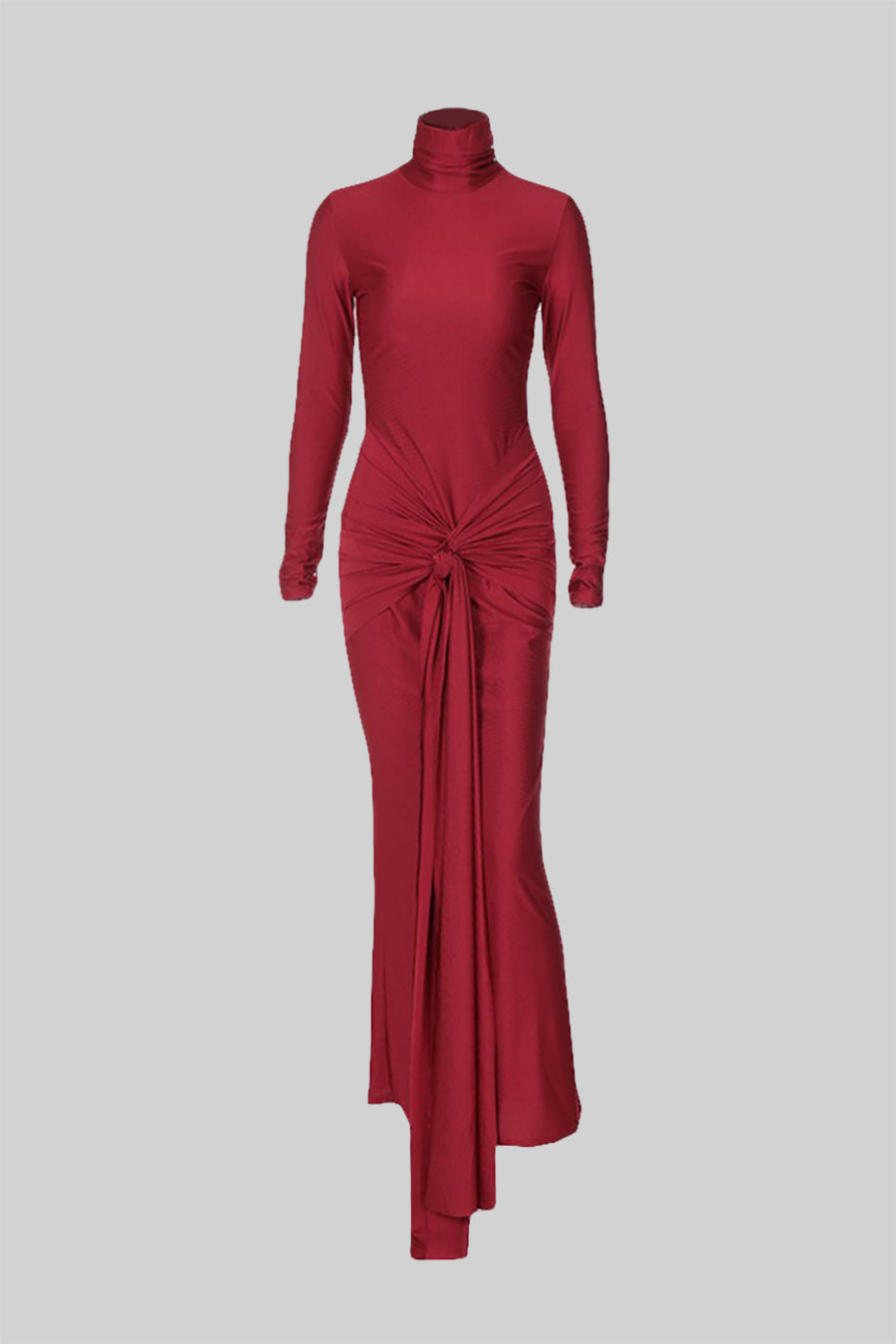 Draped Long High Neck Dress - Red