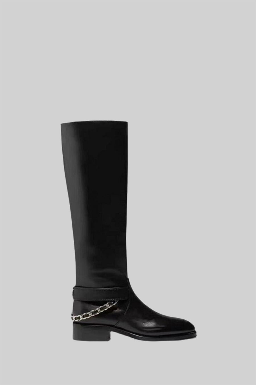 Equestrian Style Leather Boots With Back Chain - Black