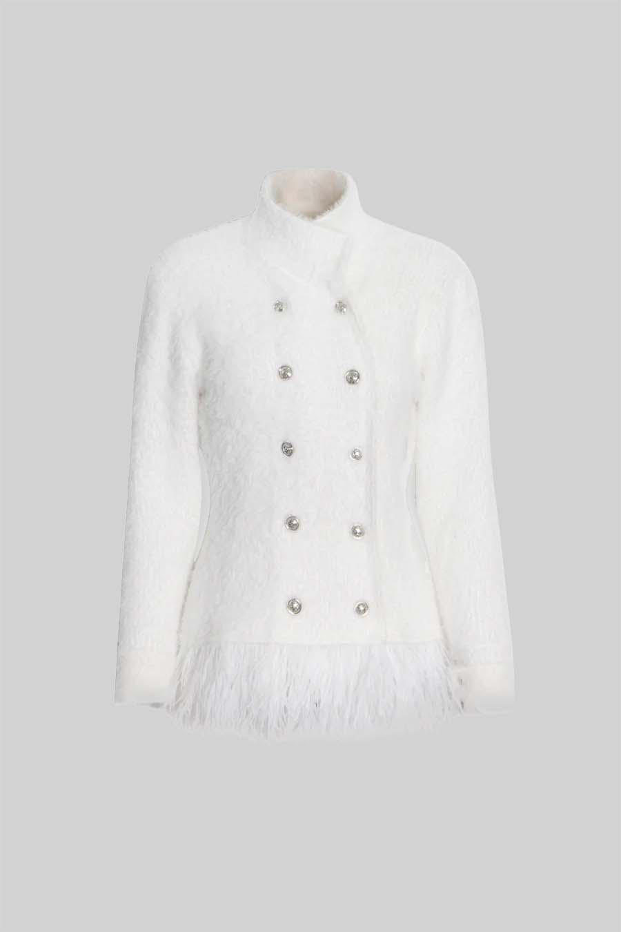 Double Breasted Textured Jacket With Fringed Hem - White