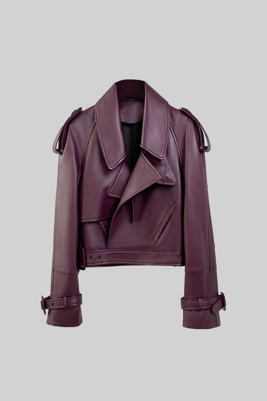 Double Breasted Vegan Leather Jacket - Burgundy